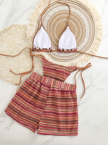 Women's 3-Piece Boho Crochet Bikini Set - Drawstring Cover-Up, Halter, Shorts, Royal Blue