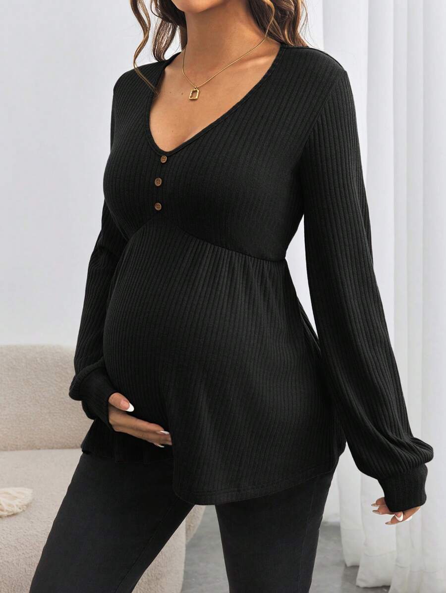 Maternity V-Neck Button Down Long Sleeve T-Shirt - Loose Fit Knitted Flared Hem Casual Top
