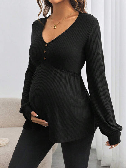 Maternity V-Neck Button Down Long Sleeve T-Shirt - Loose Fit Knitted Flared Hem Casual Top