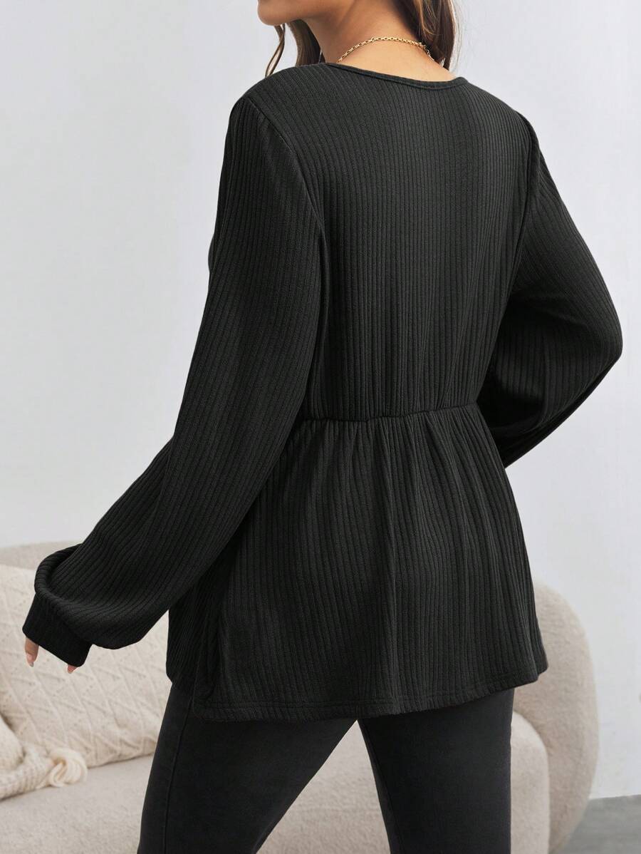 Maternity V-Neck Button Down Long Sleeve T-Shirt - Loose Fit Knitted Flared Hem Casual Top