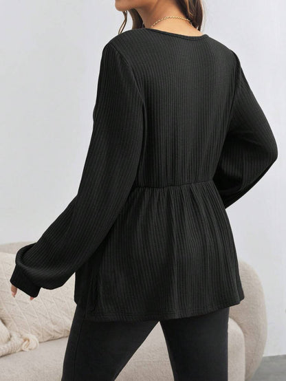 Maternity V-Neck Button Down Long Sleeve T-Shirt - Loose Fit Knitted Flared Hem Casual Top