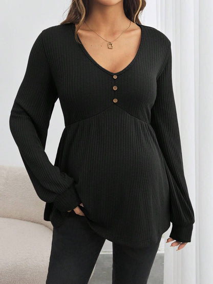 Maternity V-Neck Button Down Long Sleeve T-Shirt - Loose Fit Knitted Flared Hem Casual Top