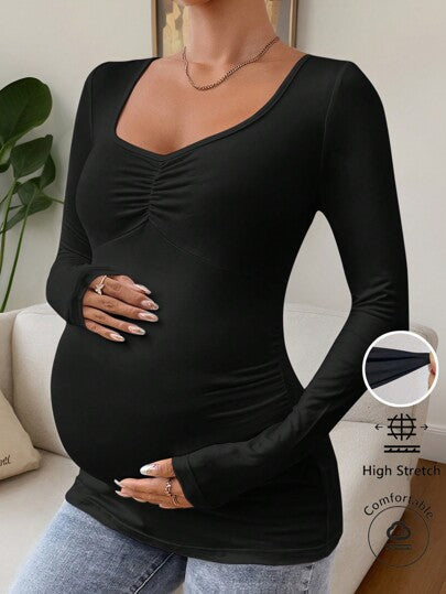Maternity T-Shirt - Solid Rhinestone Collar Long Sleeve Pleated Casual Elegant, Pregnancy Nursing