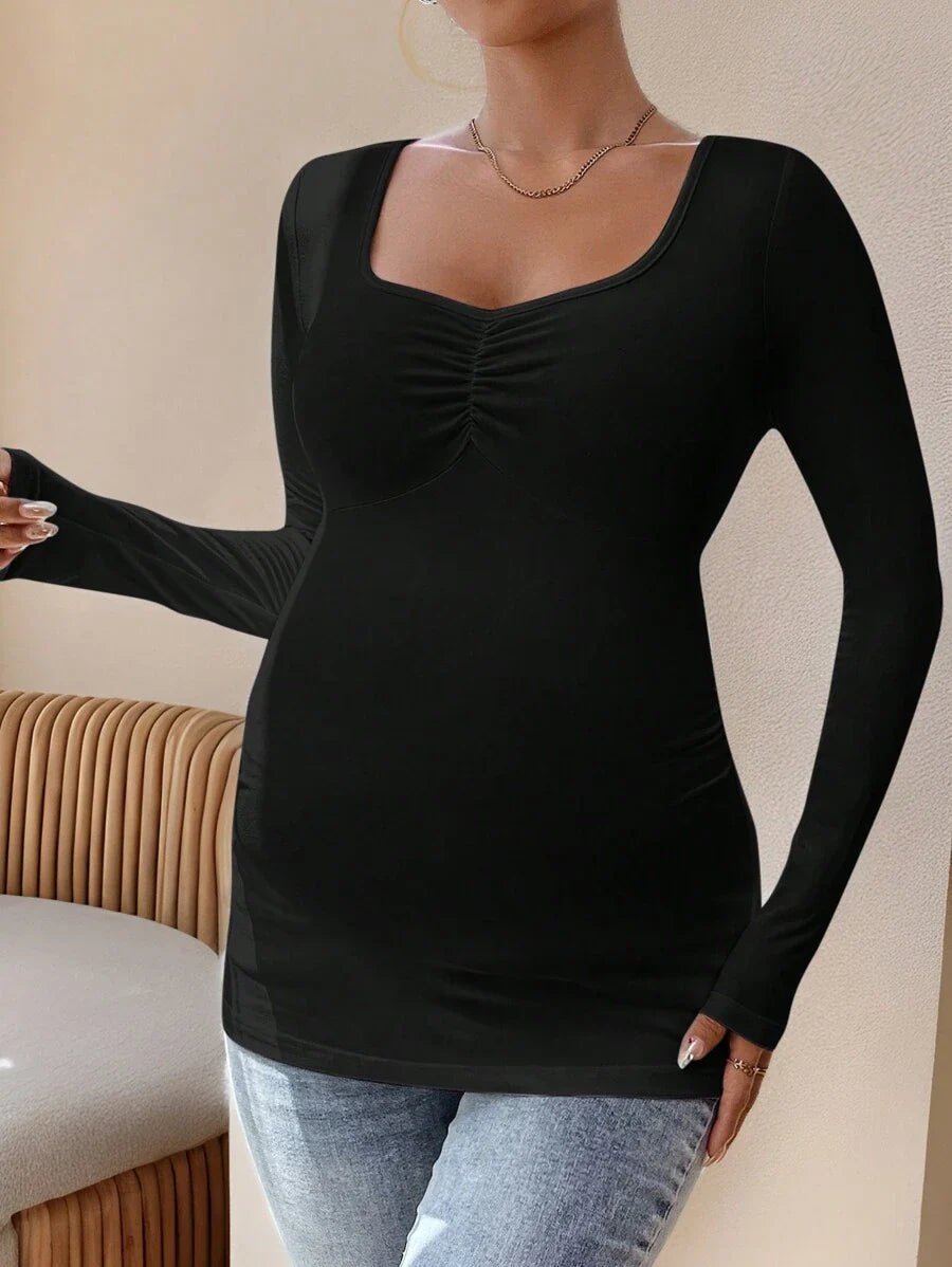 Maternity T-Shirt - Solid Rhinestone Collar Long Sleeve Pleated Casual Elegant, Pregnancy Nursing