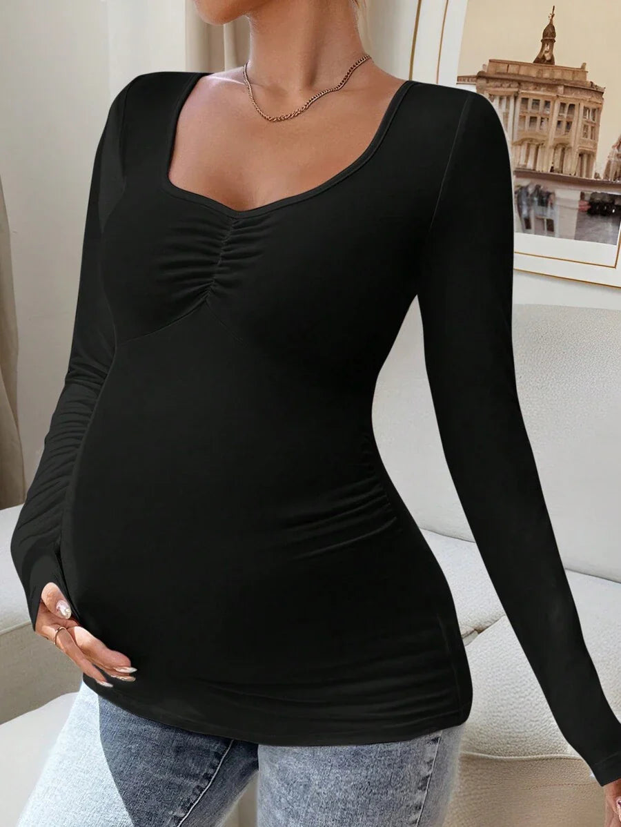 Maternity T-Shirt - Solid Rhinestone Collar Long Sleeve Pleated Casual Elegant, Pregnancy Nursing