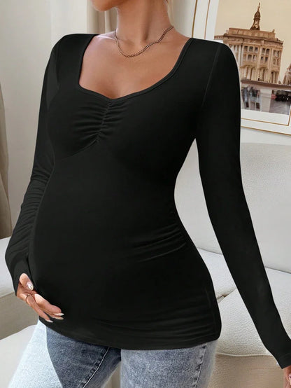Maternity T-Shirt - Solid Rhinestone Collar Long Sleeve Pleated Casual Elegant, Pregnancy Nursing