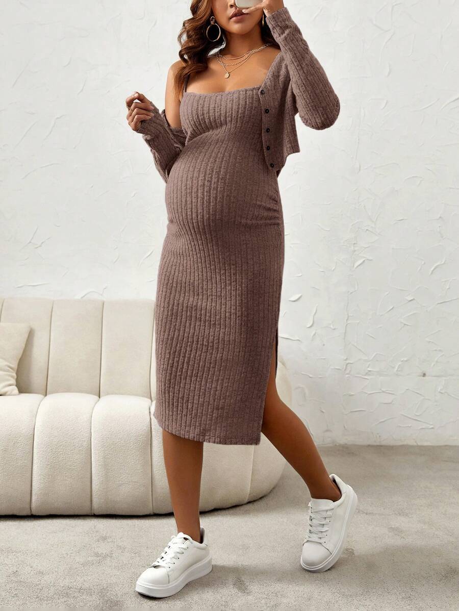Maternity Pink Ribbed Knit 2-Piece Set with V-Neck Bodycon Knee Length Skirt and Button Front Long Sleeve Crop Cardigan