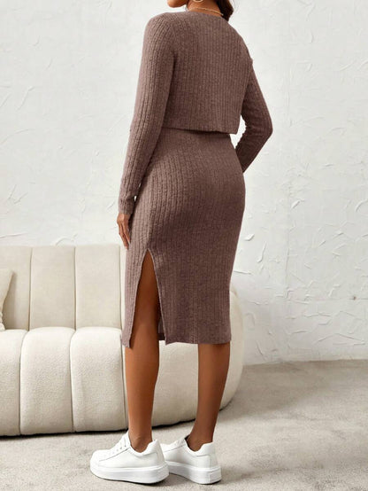 Maternity Pink Ribbed Knit 2-Piece Set with V-Neck Bodycon Knee Length Skirt and Button Front Long Sleeve Crop Cardigan