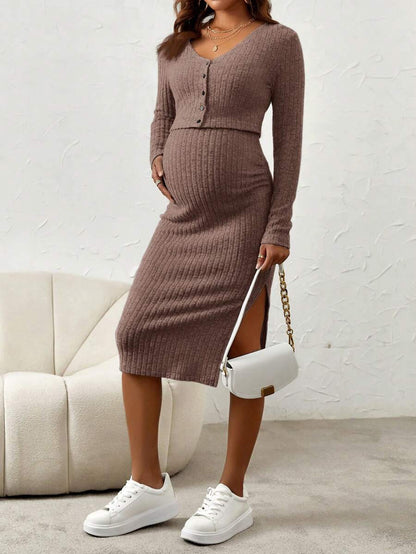 Maternity Pink Ribbed Knit 2-Piece Set with V-Neck Bodycon Knee Length Skirt and Button Front Long Sleeve Crop Cardigan