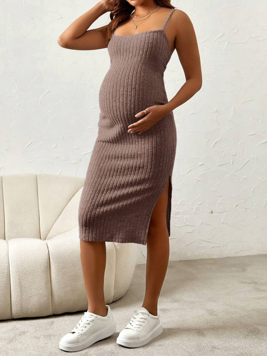 Maternity Pink Ribbed Knit 2-Piece Set with V-Neck Bodycon Knee Length Skirt and Button Front Long Sleeve Crop Cardigan