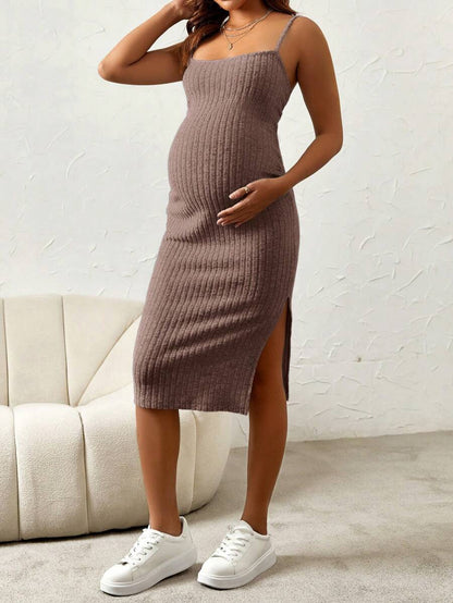 Maternity Pink Ribbed Knit 2-Piece Set with V-Neck Bodycon Knee Length Skirt and Button Front Long Sleeve Crop Cardigan