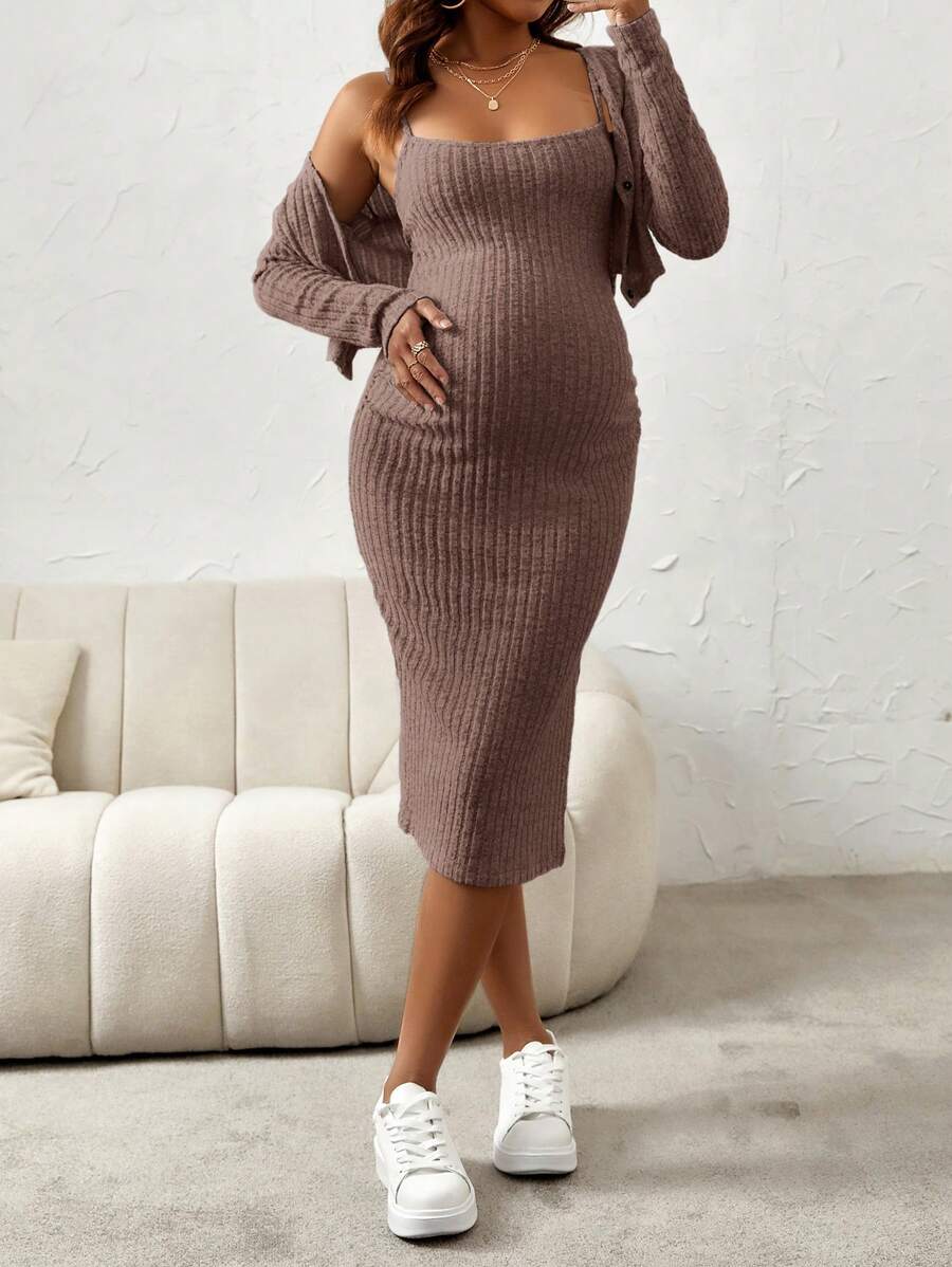 Maternity Pink Ribbed Knit 2-Piece Set with V-Neck Bodycon Knee Length Skirt and Button Front Long Sleeve Crop Cardigan