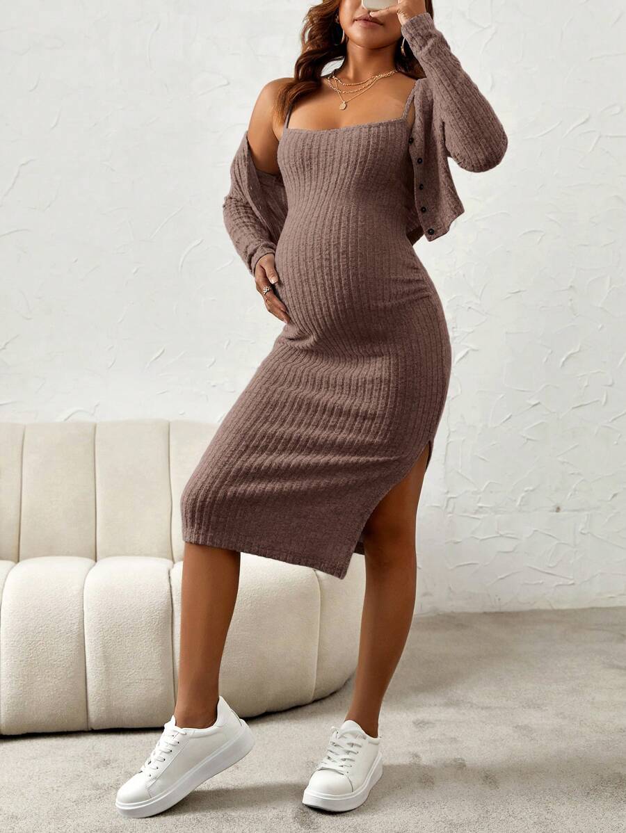 Maternity Pink Ribbed Knit 2-Piece Set with V-Neck Bodycon Knee Length Skirt and Button Front Long Sleeve Crop Cardigan