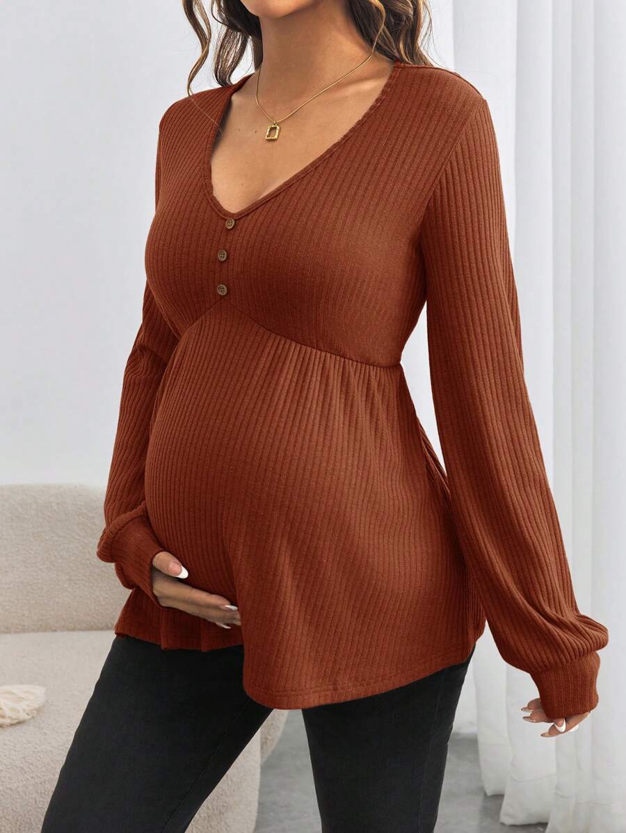 Maternity V-Neck Button Down Long Sleeve T-Shirt - Loose Fit Knitted Flared Hem Casual Top