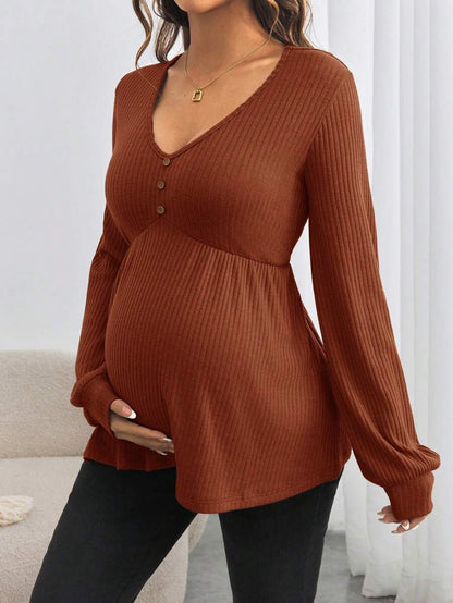 Maternity V-Neck Button Down Long Sleeve T-Shirt - Loose Fit Knitted Flared Hem Casual Top