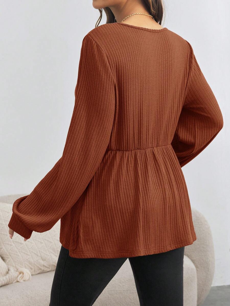 Maternity V-Neck Button Down Long Sleeve T-Shirt - Loose Fit Knitted Flared Hem Casual Top