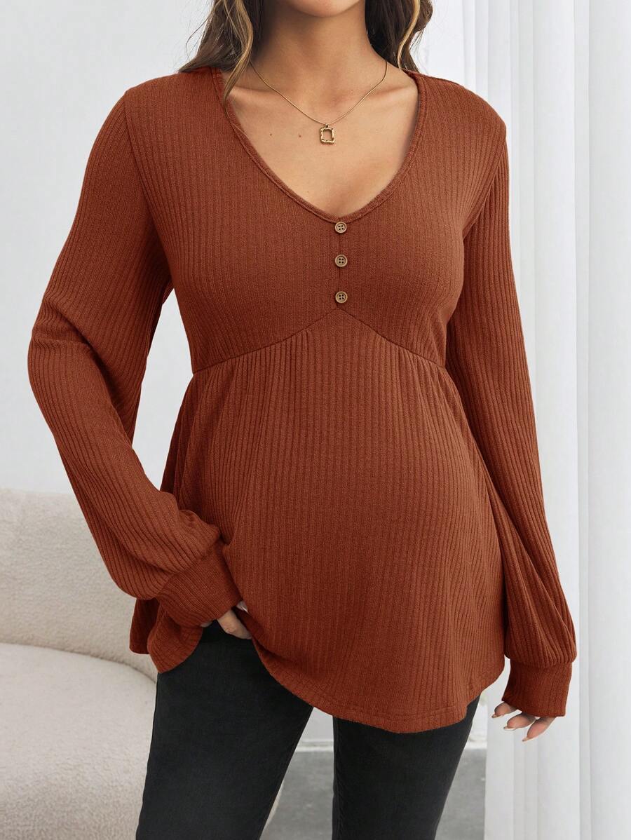 Maternity V-Neck Button Down Long Sleeve T-Shirt - Loose Fit Knitted Flared Hem Casual Top