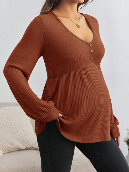 Maternity V-Neck Button Down Long Sleeve T-Shirt - Loose Fit Knitted Flared Hem Casual Top