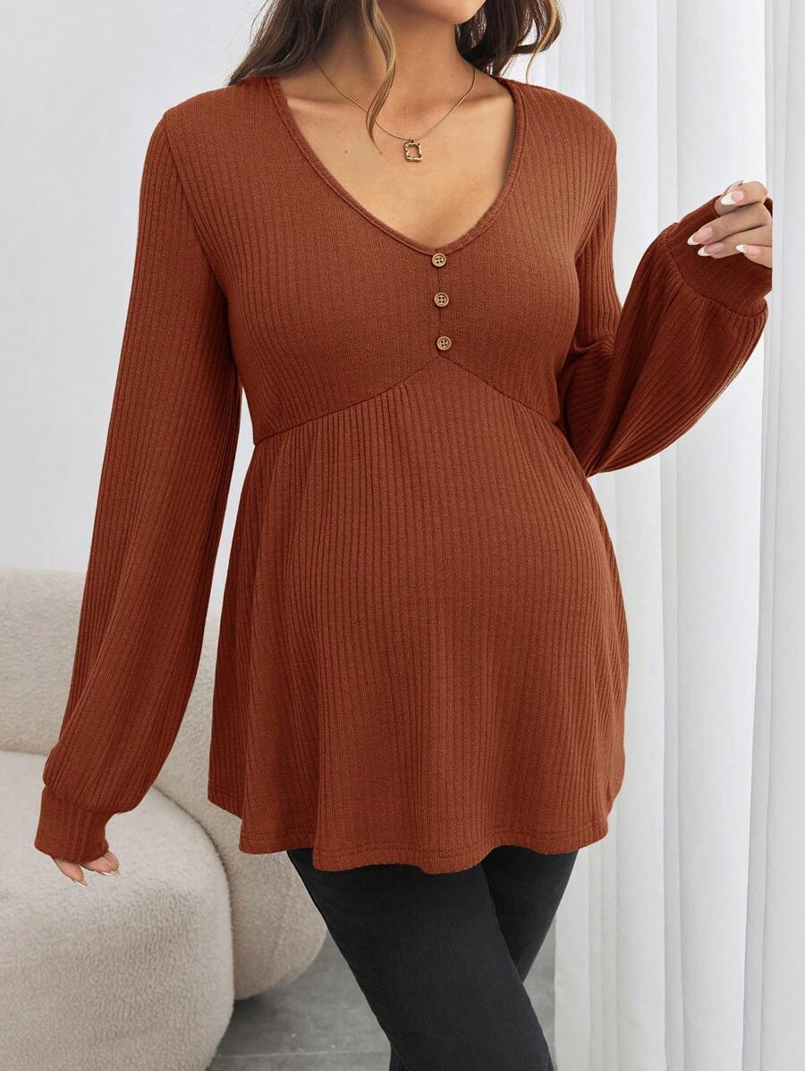 Maternity V-Neck Button Down Long Sleeve T-Shirt - Loose Fit Knitted Flared Hem Casual Top