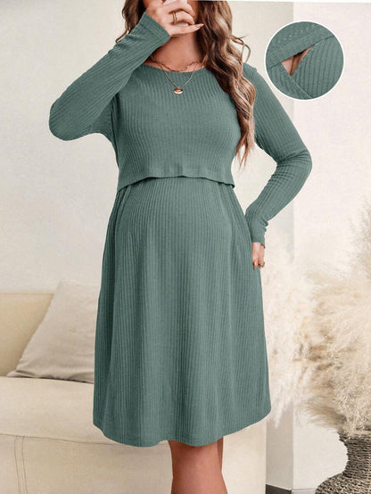 Maternity Ribbed Nursing Dress - Round Neck, Long Sleeve, Flared Hem, Loose Fit, Green