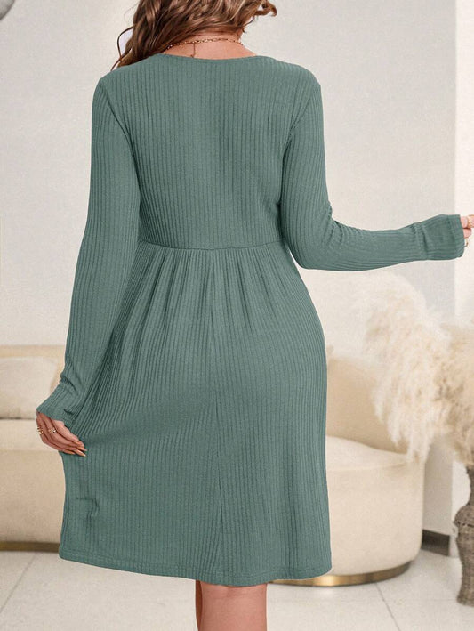 Maternity Ribbed Nursing Dress - Round Neck, Long Sleeve, Flared Hem, Loose Fit, Green