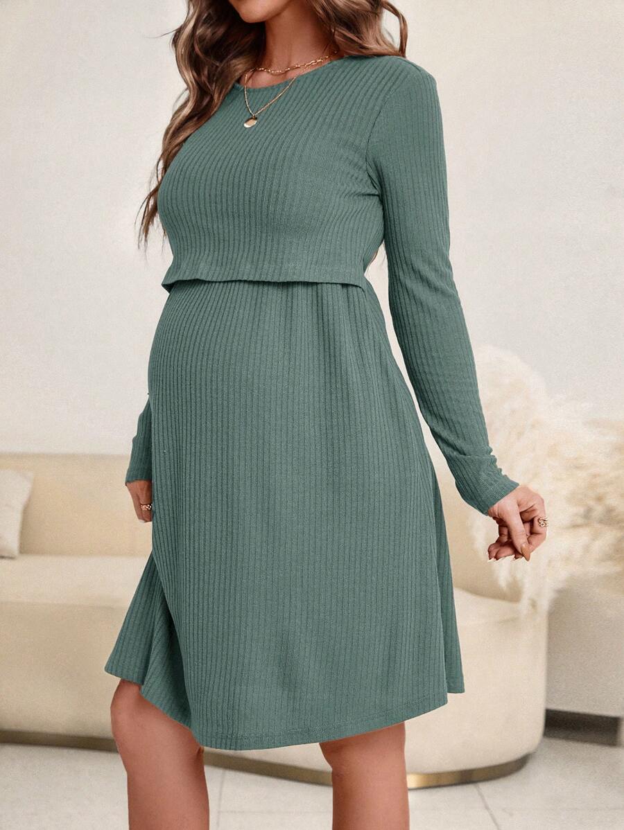Maternity Ribbed Nursing Dress - Round Neck, Long Sleeve, Flared Hem, Loose Fit, Green