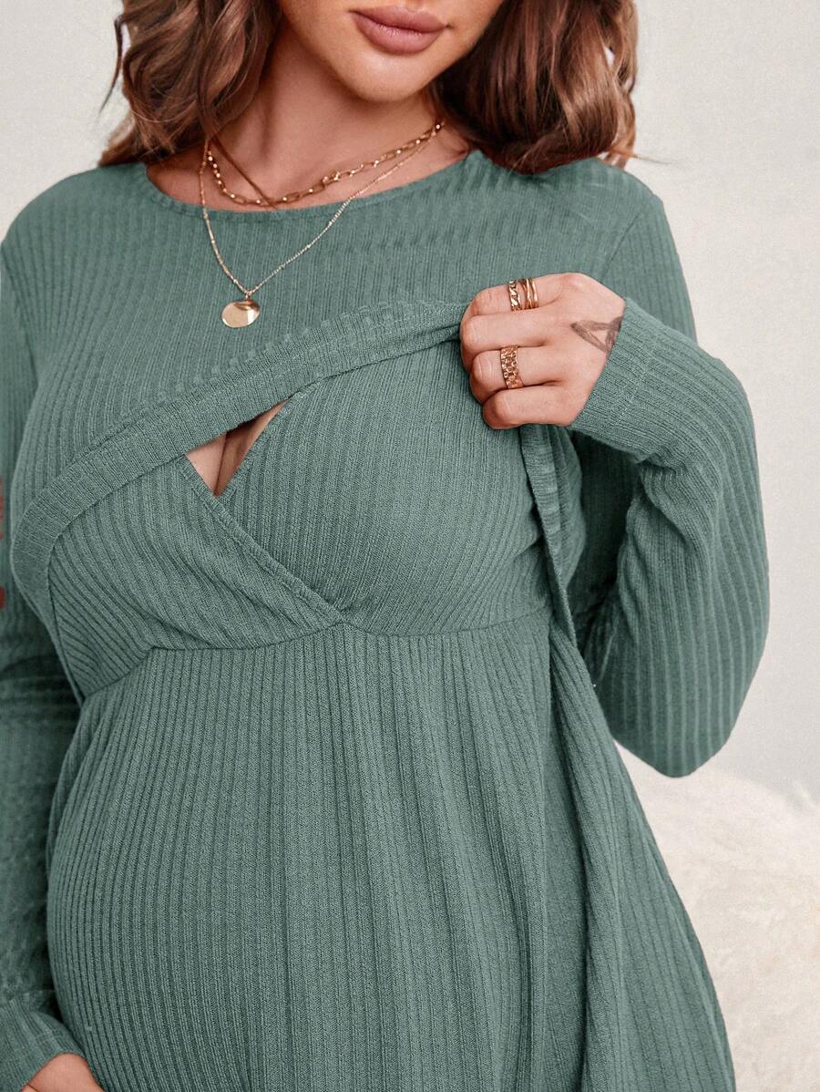 Maternity Ribbed Nursing Dress - Round Neck, Long Sleeve, Flared Hem, Loose Fit, Green