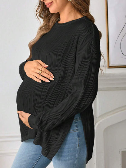 Maternity Long Sleeve Tee - Drop Shoulder, Round Neck, Slit Hem, Dusty Pink