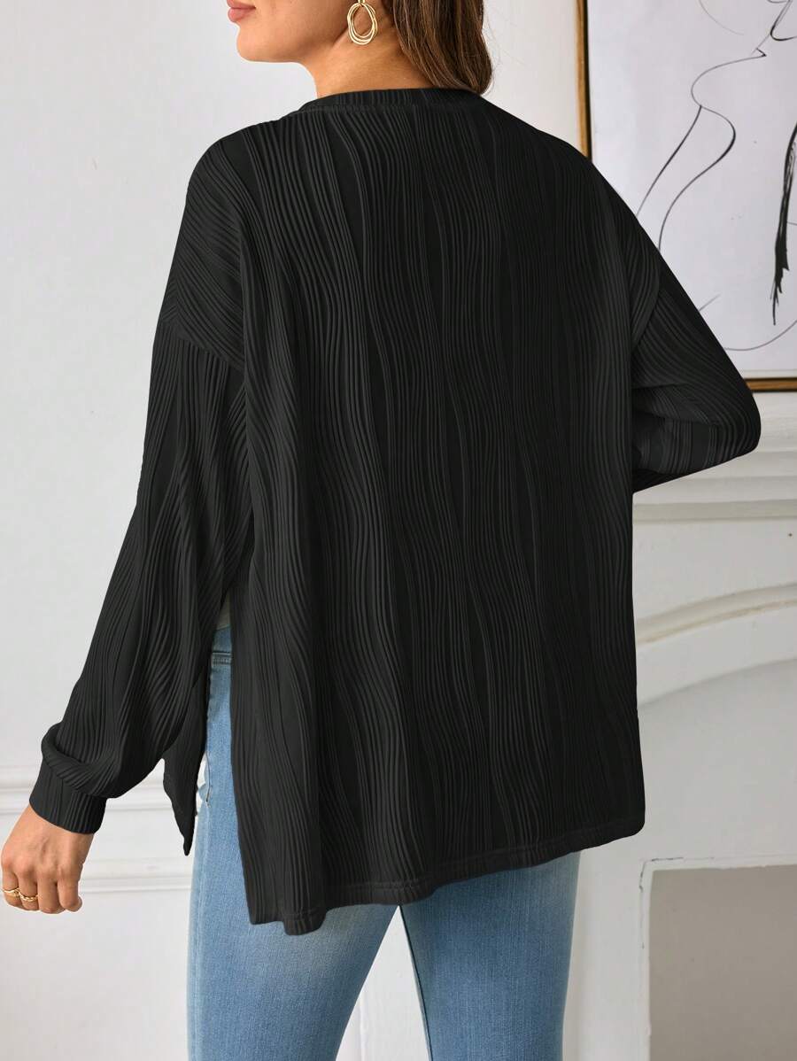 Maternity Long Sleeve Tee - Drop Shoulder, Round Neck, Slit Hem, Dusty Pink