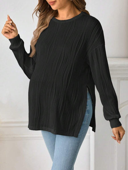 Maternity Long Sleeve Tee - Drop Shoulder, Round Neck, Slit Hem, Dusty Pink