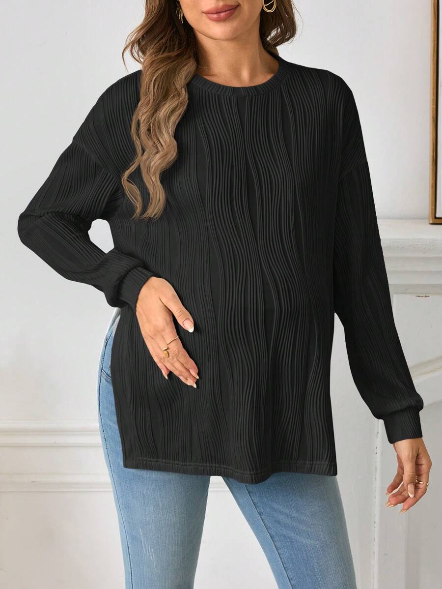 Maternity Long Sleeve Tee - Drop Shoulder, Round Neck, Slit Hem, Dusty Pink