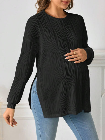 Maternity Long Sleeve Tee - Drop Shoulder, Round Neck, Slit Hem, Dusty Pink