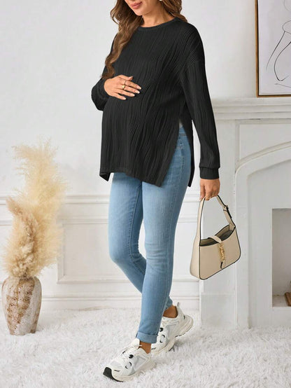 Maternity Long Sleeve Tee - Drop Shoulder, Round Neck, Slit Hem, Dusty Pink