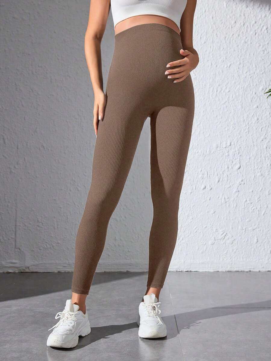 Maternity Sports Leggings - Seamless, High Waist, Cropped, Medium Stretch, Black