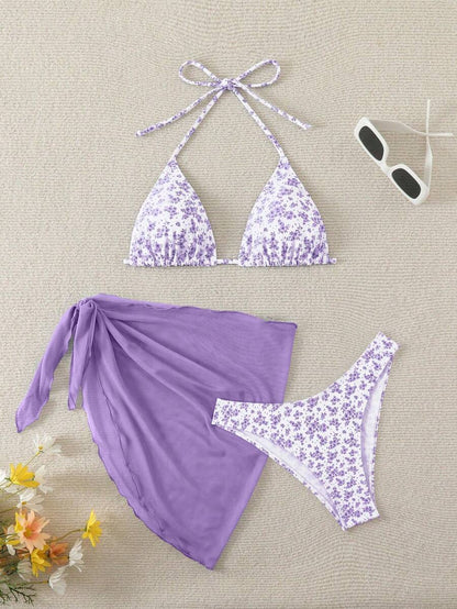 Women's 3-Piece Shell Print Bikini Set - V-Neck Halter, Triangle, Side Tie Skirt, Multicolor