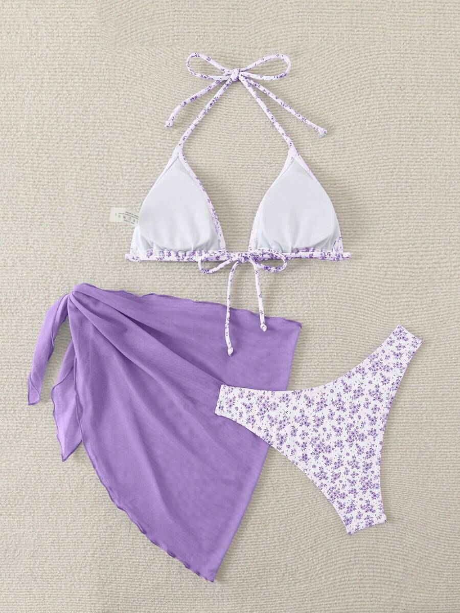 Women's 3-Piece Shell Print Bikini Set - V-Neck Halter, Triangle, Side Tie Skirt, Multicolor