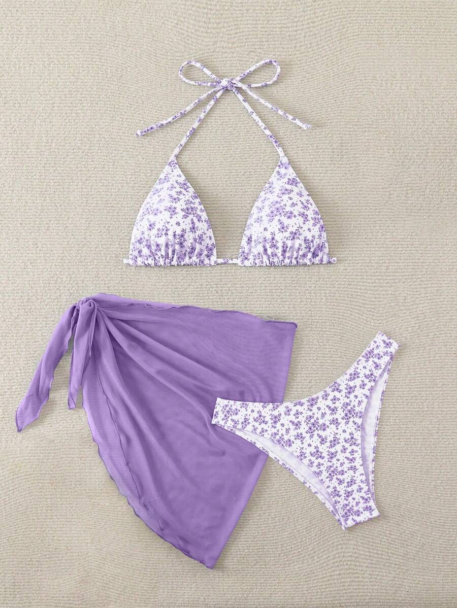 Women's 3-Piece Shell Print Bikini Set - V-Neck Halter, Triangle, Side Tie Skirt, Multicolor