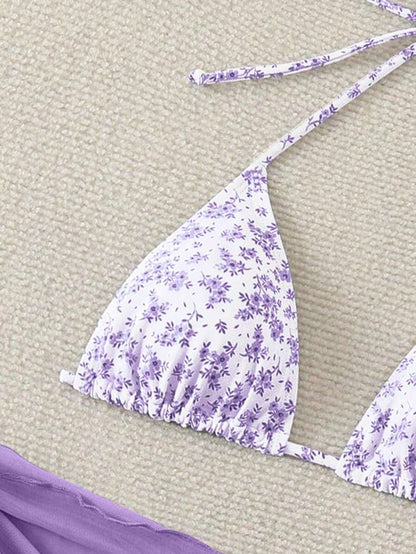 Women's 3-Piece Shell Print Bikini Set - V-Neck Halter, Triangle, Side Tie Skirt, Multicolor