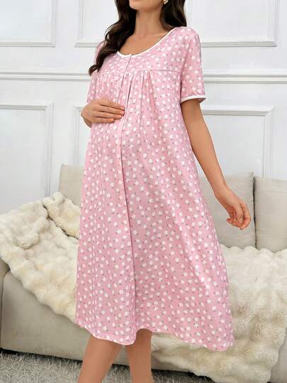 Maternity Ditsy Floral Nightgown - Loose Fit Short Sleeve Pastoral Style, Nursing Sleepwear