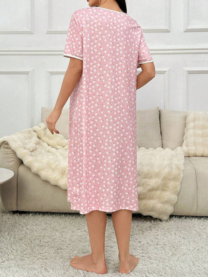 Maternity Ditsy Floral Nightgown - Loose Fit Short Sleeve Pastoral Style, Nursing Sleepwear