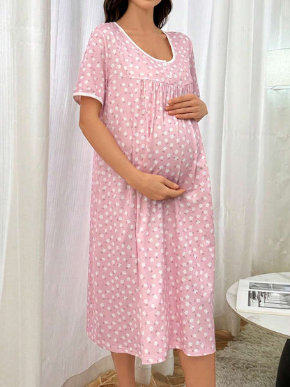 Maternity Ditsy Floral Nightgown - Loose Fit Short Sleeve Pastoral Style, Nursing Sleepwear