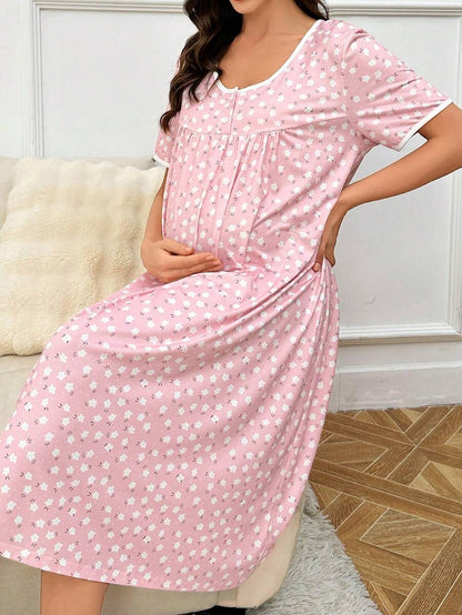 Maternity Ditsy Floral Nightgown - Loose Fit Short Sleeve Pastoral Style, Nursing Sleepwear