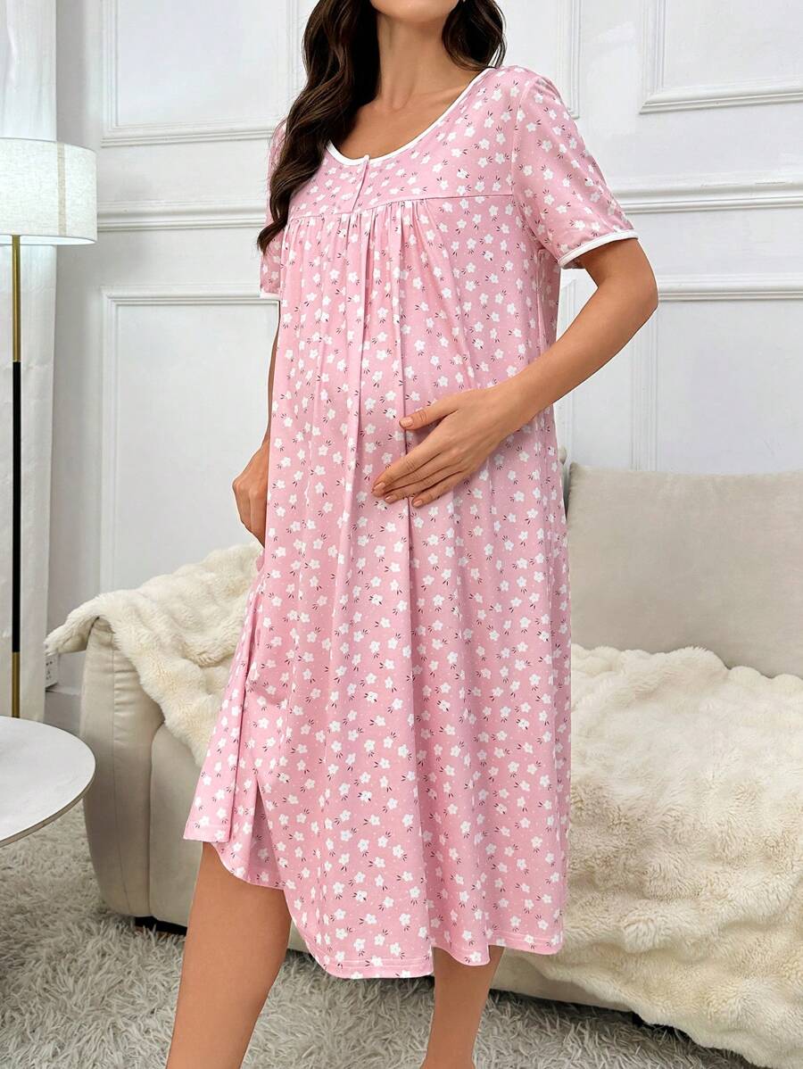 Maternity Ditsy Floral Nightgown - Loose Fit Short Sleeve Pastoral Style, Nursing Sleepwear
