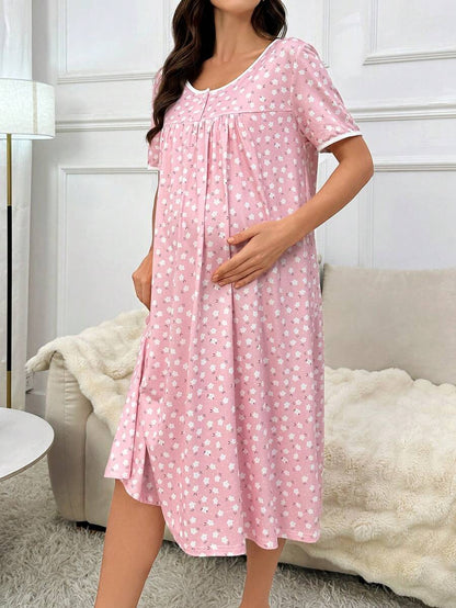 Maternity Ditsy Floral Nightgown - Loose Fit Short Sleeve Pastoral Style, Nursing Sleepwear