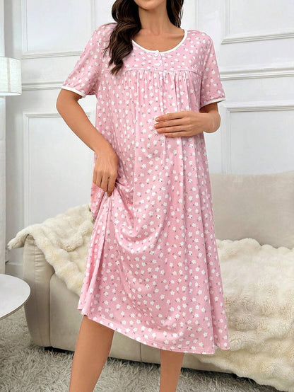 Maternity Ditsy Floral Nightgown - Loose Fit Short Sleeve Pastoral Style, Nursing Sleepwear