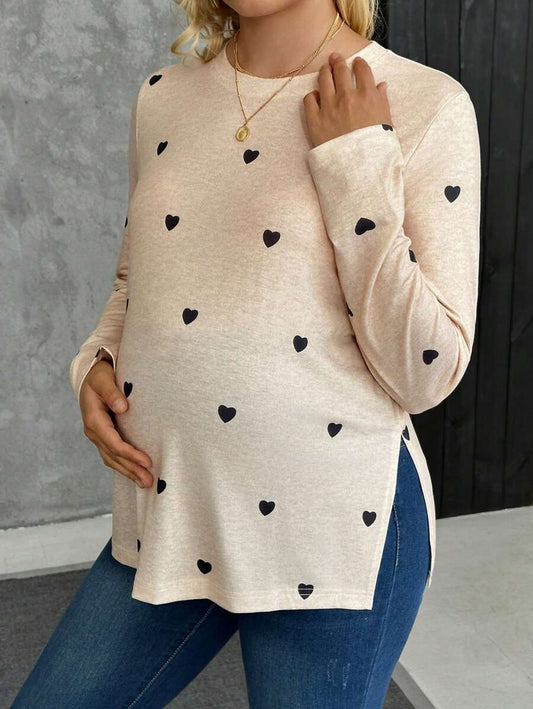Maternity Heart Print Long Sleeve T-Shirt Apricot Round Neck Side Split Hem Casual Pregnancy Top for Valentine's Day