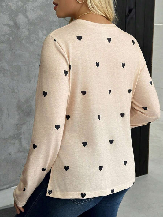 Maternity Heart Print Long Sleeve T-Shirt Apricot Round Neck Side Split Hem Casual Pregnancy Top for Valentine's Day