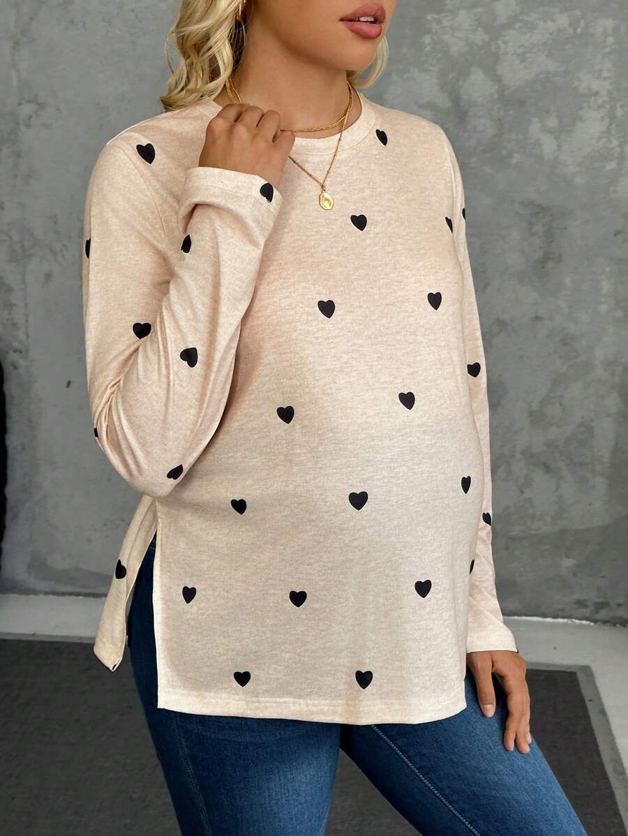 Maternity Heart Print Long Sleeve T-Shirt Apricot Round Neck Side Split Hem Casual Pregnancy Top for Valentine's Day