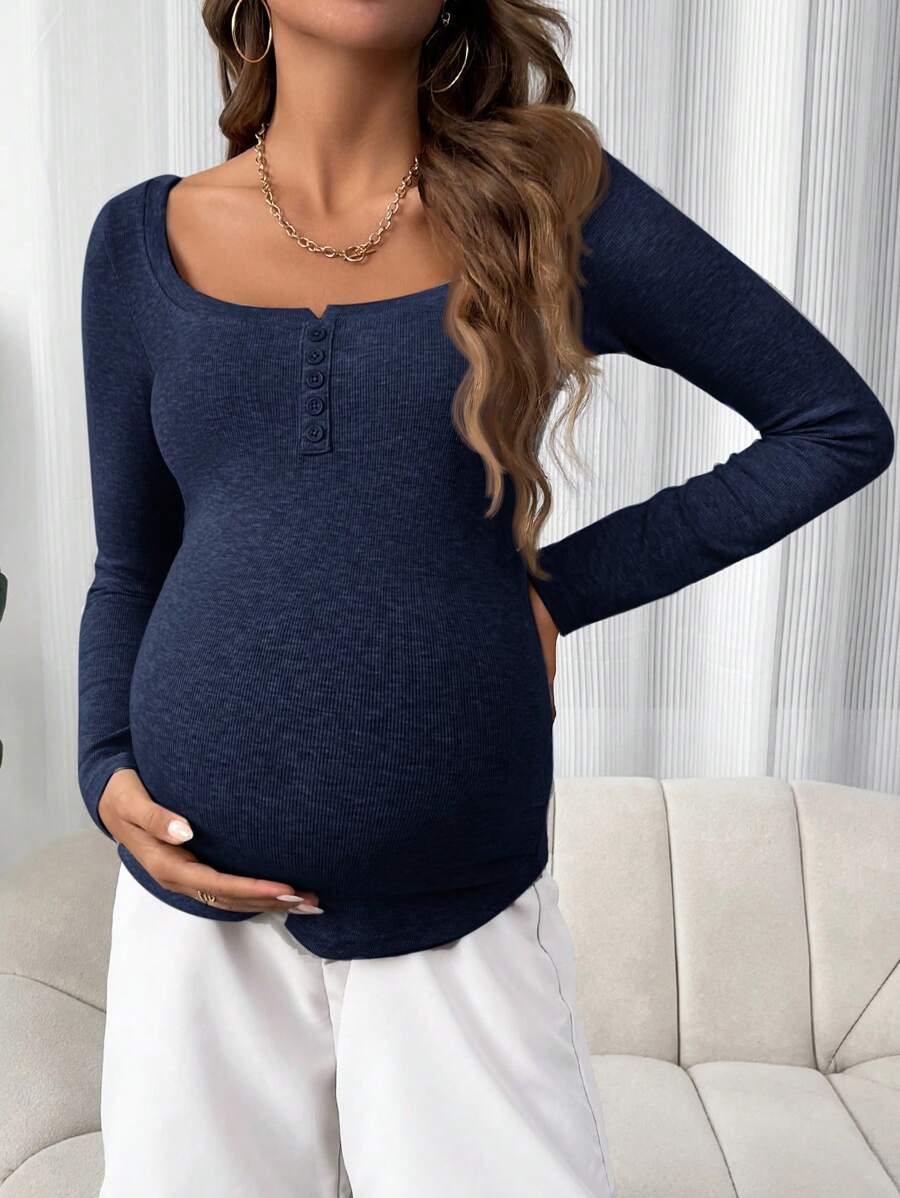 Maternity T-Shirt - Solid Color Button Half Placket Long Sleeve Casual Soft, Everyday Pregnancy