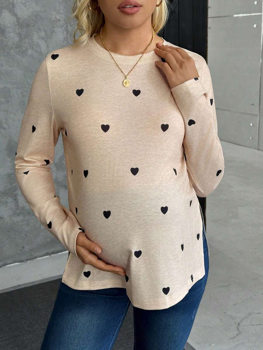 Maternity Heart Print Long Sleeve T-Shirt Apricot Round Neck Side Split Hem Casual Pregnancy Top for Valentine's Day